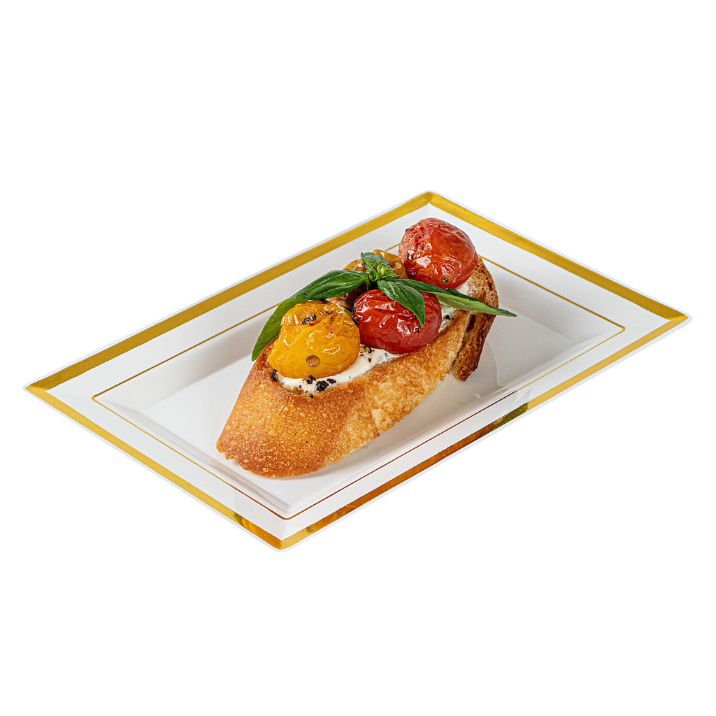 Moderna Rectangle White Plastic Gold-Rimmed Plate - 7 1/2" x 5 1/4" x 1/2" - 100 count box