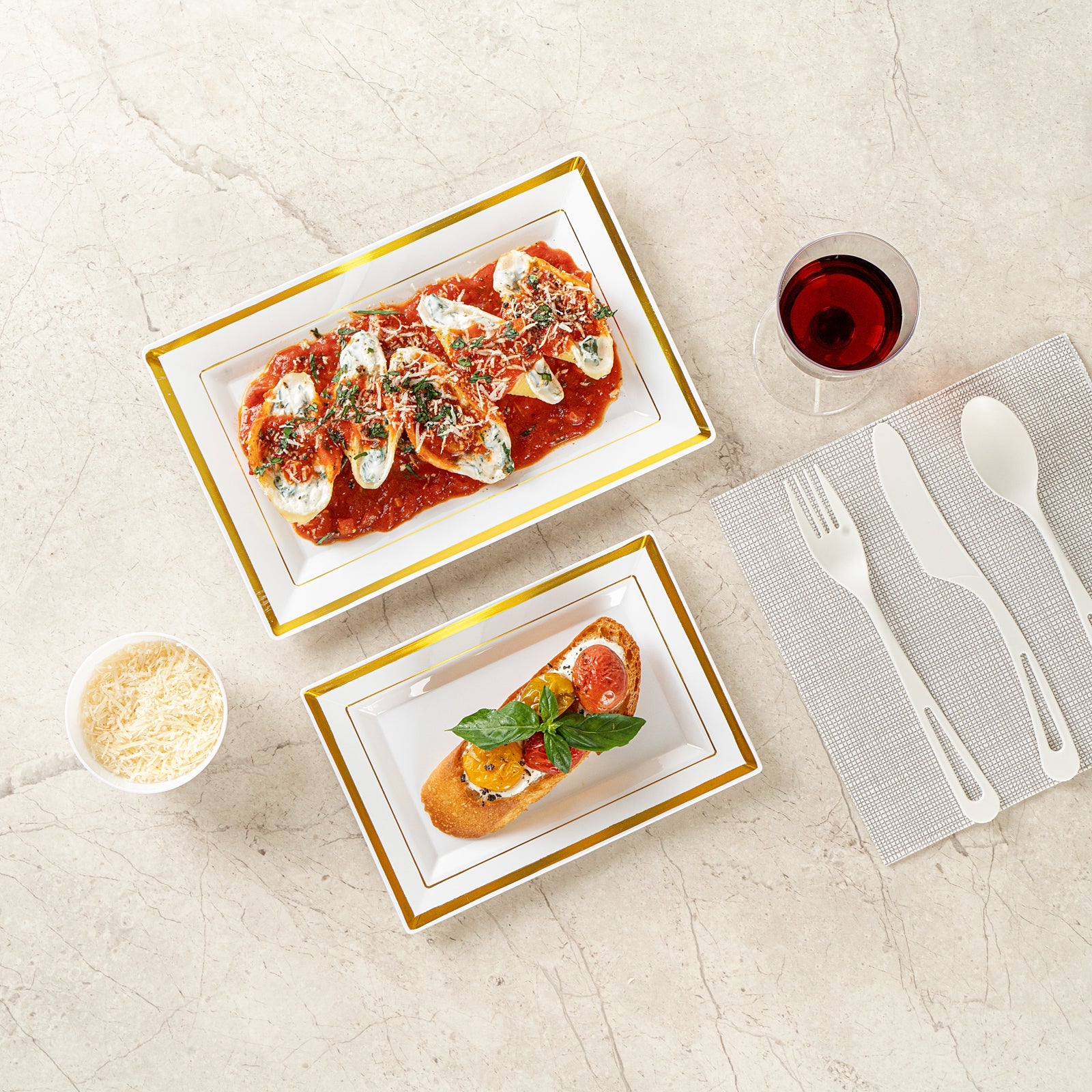 Moderna Rectangle White Plastic Gold-Rimmed Plate - 7 1/2" x 5 1/4" x 1/2" - 100 count box