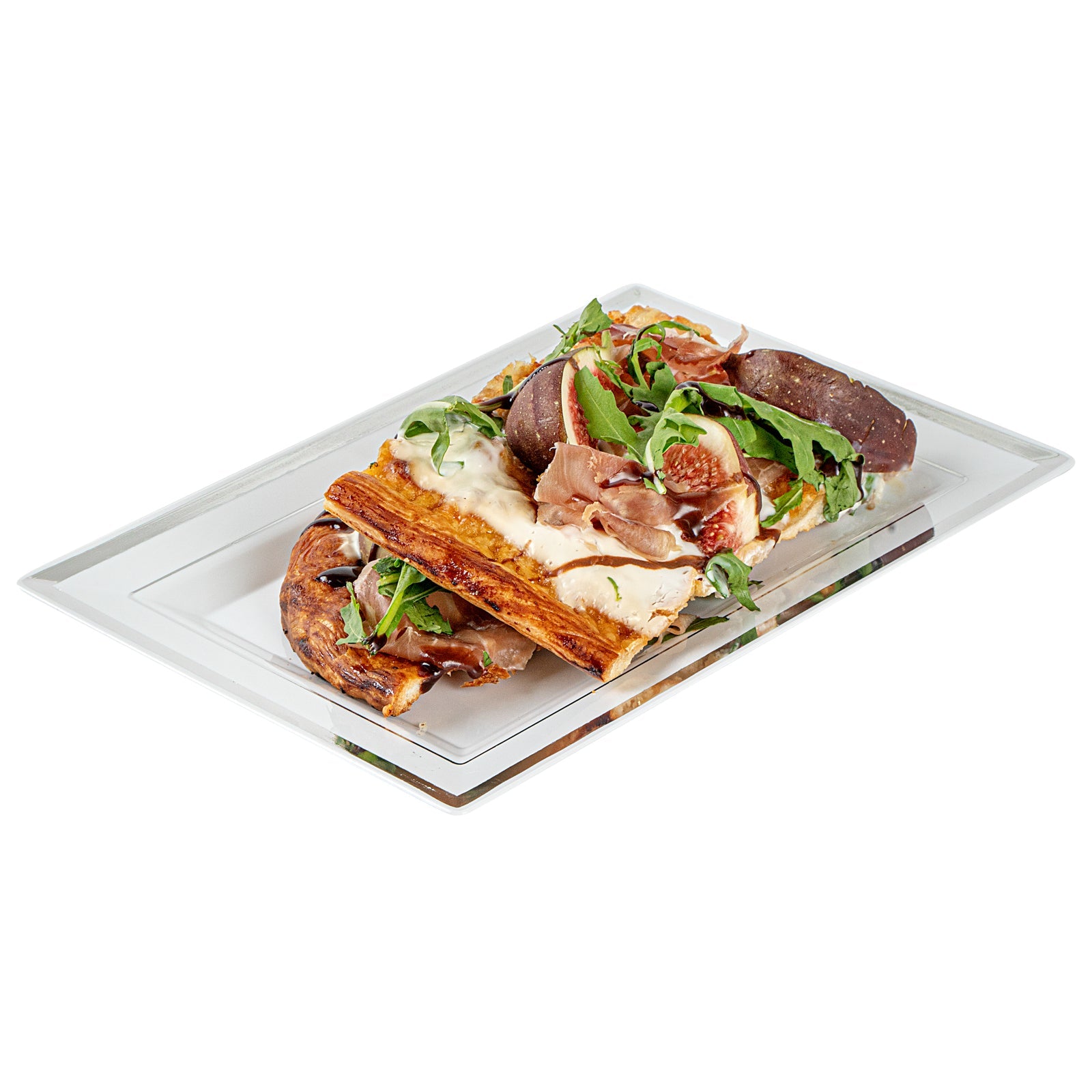 Moderna Rectangle White Plastic Silver-Rimmed Plate - 7 1/2" x 5 1/4" x 1/2" - 10 count box