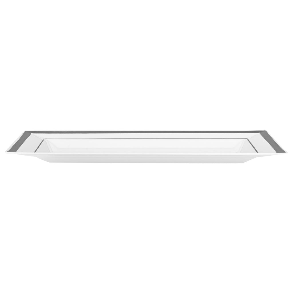 Moderna Rectangle White Plastic Silver-Rimmed Plate - 7 1/2" x 5 1/4" x 1/2" - 10 count box