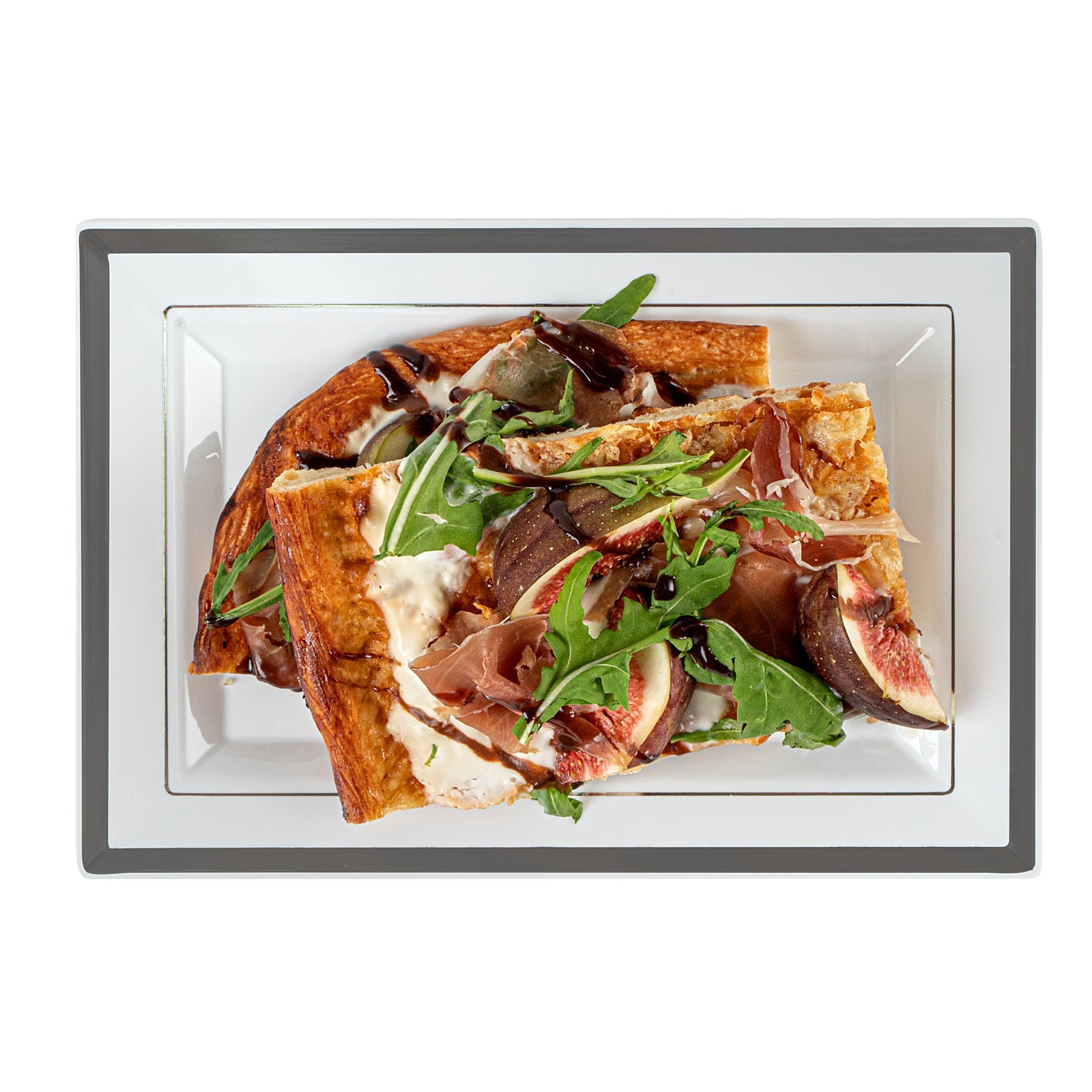 Moderna Rectangle White Plastic Silver-Rimmed Plate - 7 1/2" x 5 1/4" x 1/2" - 100 count box