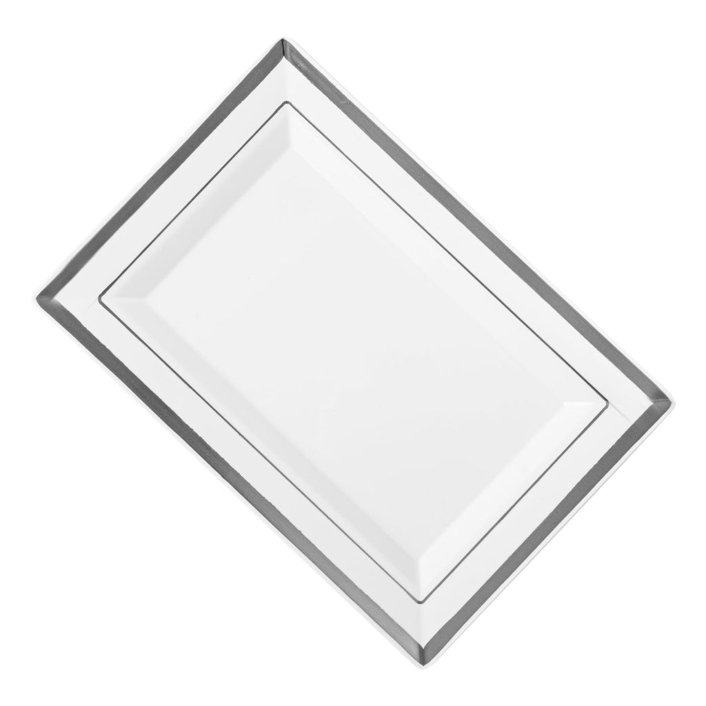 Moderna Rectangle White Plastic Silver-Rimmed Plate - 7 1/2" x 5 1/4" x 1/2" - 100 count box