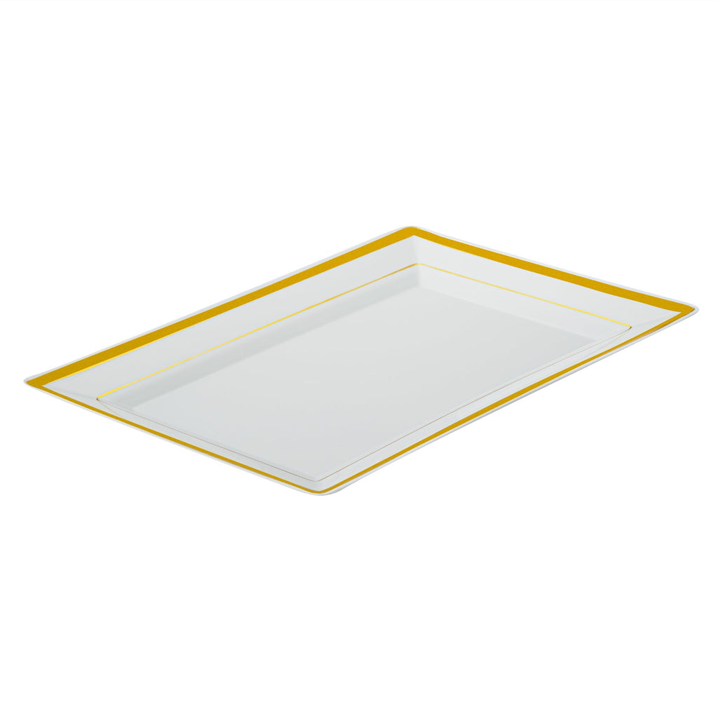Moderna Rectangle White Plastic Gold-Rimmed Plate - 9 1/2" x 6 1/4" x 1/2" - 10 count box