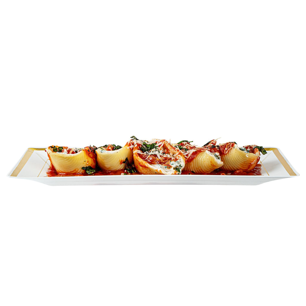 Moderna Rectangle White Plastic Gold-Rimmed Plate - 9 1/2" x 6 1/4" x 1/2" - 10 count box