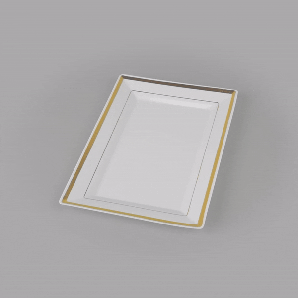 Moderna Rectangle White Plastic Gold-Rimmed Plate - 9 1/2" x 6 1/4" x 1/2" - 10 count box