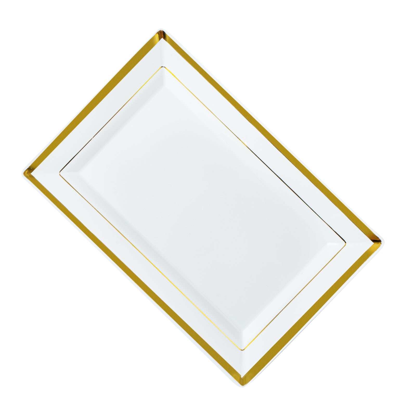 Moderna Rectangle White Plastic Gold-Rimmed Plate - 9 1/2" x 6 1/4" x 1/2" - 10 count box