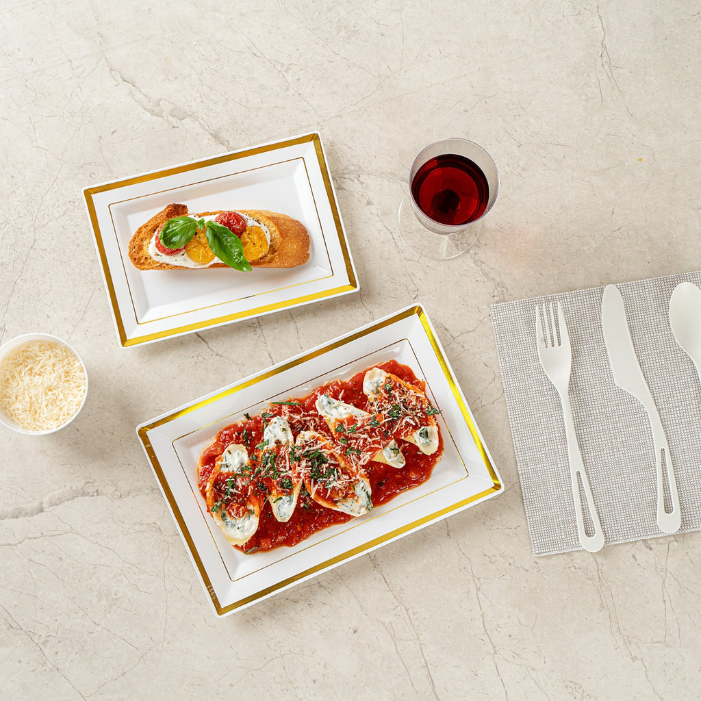 Moderna Rectangle White Plastic Gold-Rimmed Plate - 9 1/2" x 6 1/4" x 1/2" - 10 count box