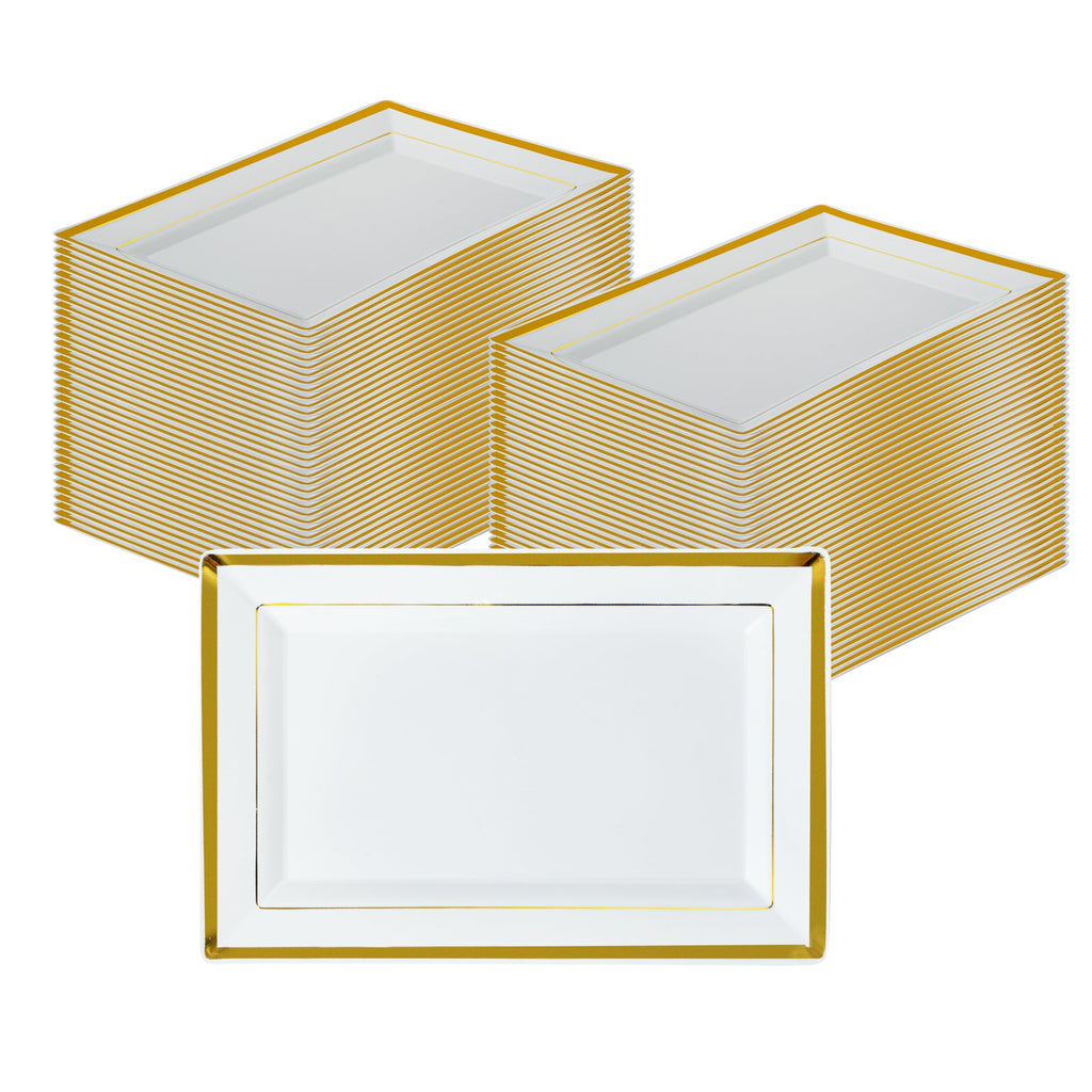 Moderna Rectangle White Plastic Gold-Rimmed Plate - 9 1/2" x 6 1/4" x 1/2" - 100 count box