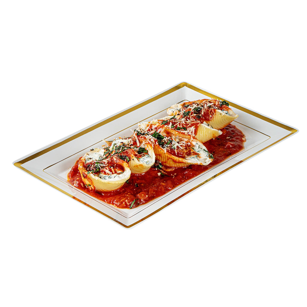 Moderna Rectangle White Plastic Gold-Rimmed Plate - 9 1/2" x 6 1/4" x 1/2" - 100 count box