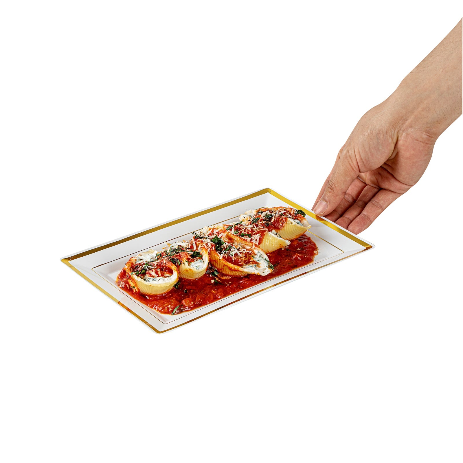 Moderna Rectangle White Plastic Gold-Rimmed Plate - 9 1/2" x 6 1/4" x 1/2" - 100 count box