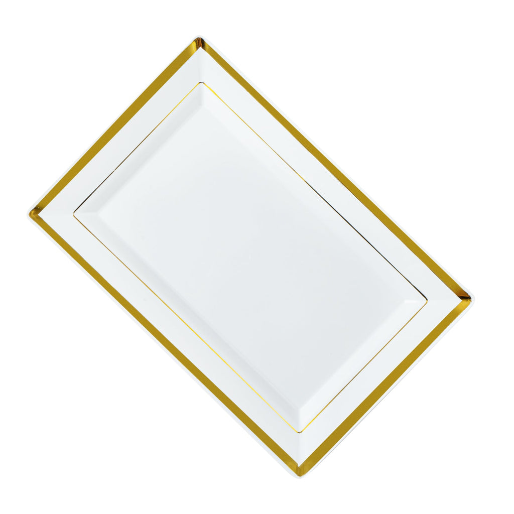 Moderna Rectangle White Plastic Gold-Rimmed Plate - 9 1/2" x 6 1/4" x 1/2" - 100 count box
