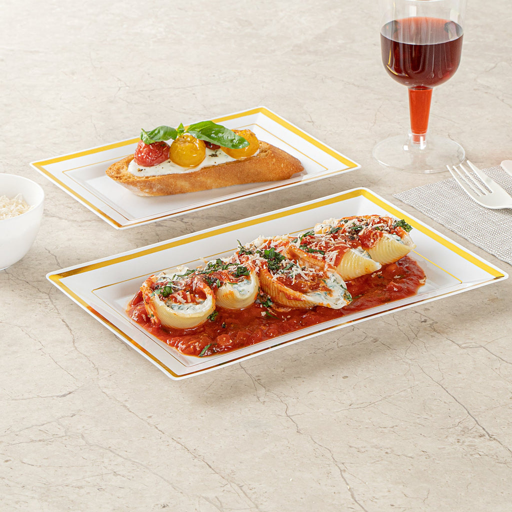 Moderna Rectangle White Plastic Gold-Rimmed Plate - 9 1/2" x 6 1/4" x 1/2" - 100 count box