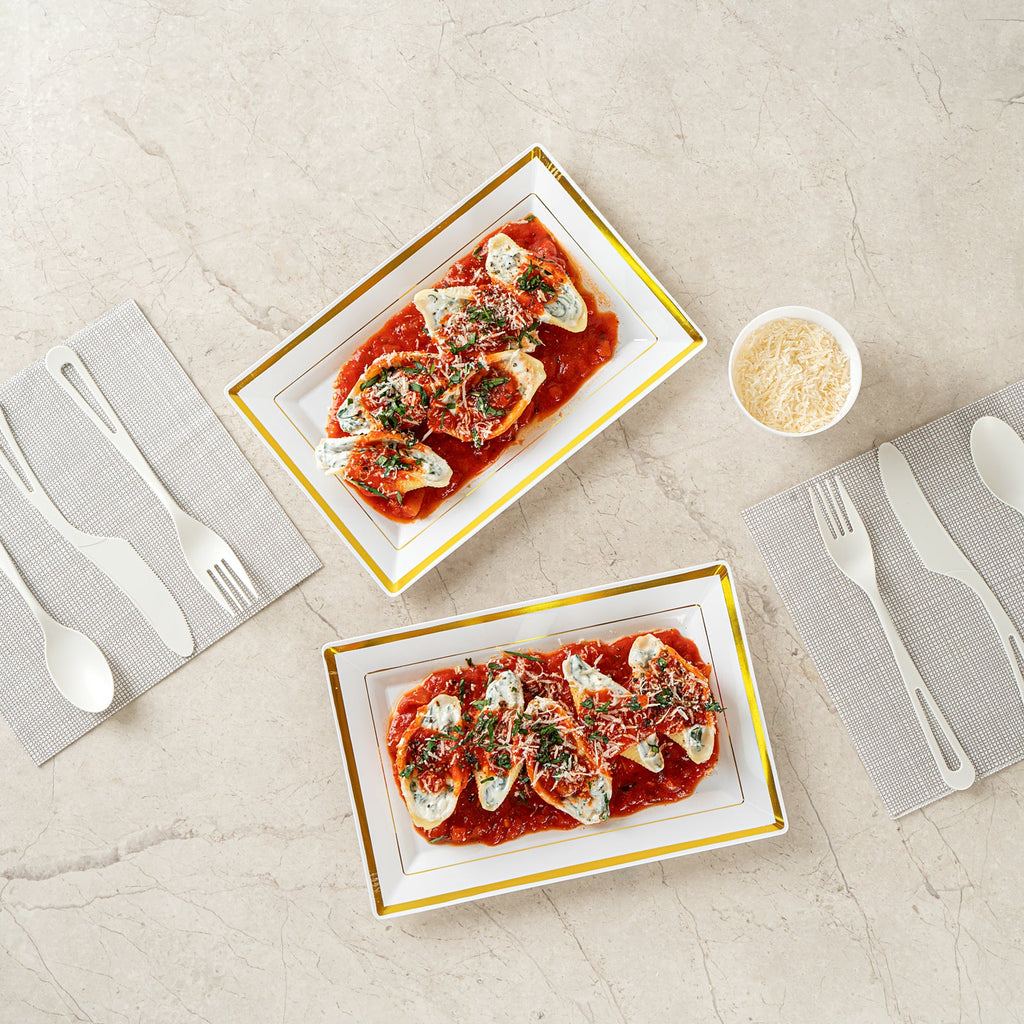 Moderna Rectangle White Plastic Gold-Rimmed Plate - 9 1/2" x 6 1/4" x 1/2" - 100 count box