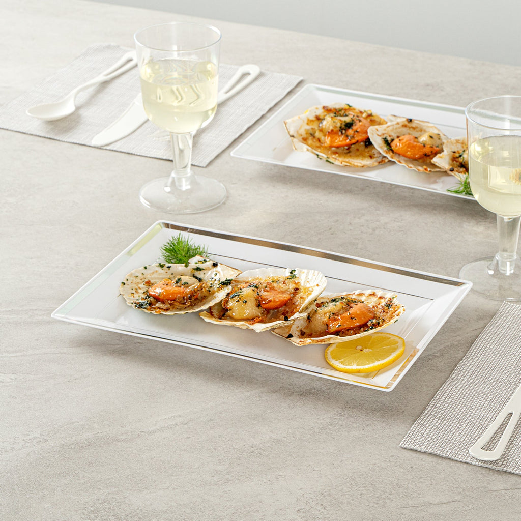 Moderna Rectangle White Plastic Silver-Rimmed Plate - 9 1/2" x 6 1/4" x 1/2" - 10 count box