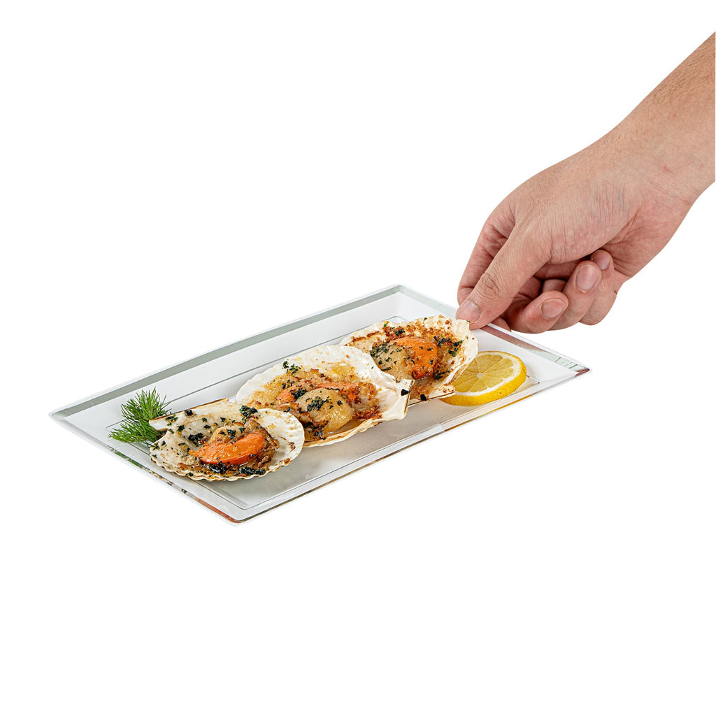 Moderna Rectangle White Plastic Silver-Rimmed Plate - 9 1/2" x 6 1/4" x 1/2" - 10 count box