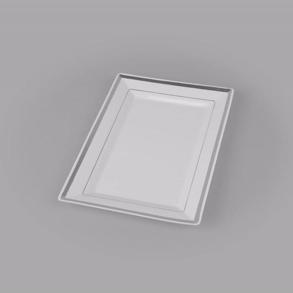 Moderna Rectangle White Plastic Silver-Rimmed Plate - 9 1/2" x 6 1/4" x 1/2" - 100 count box