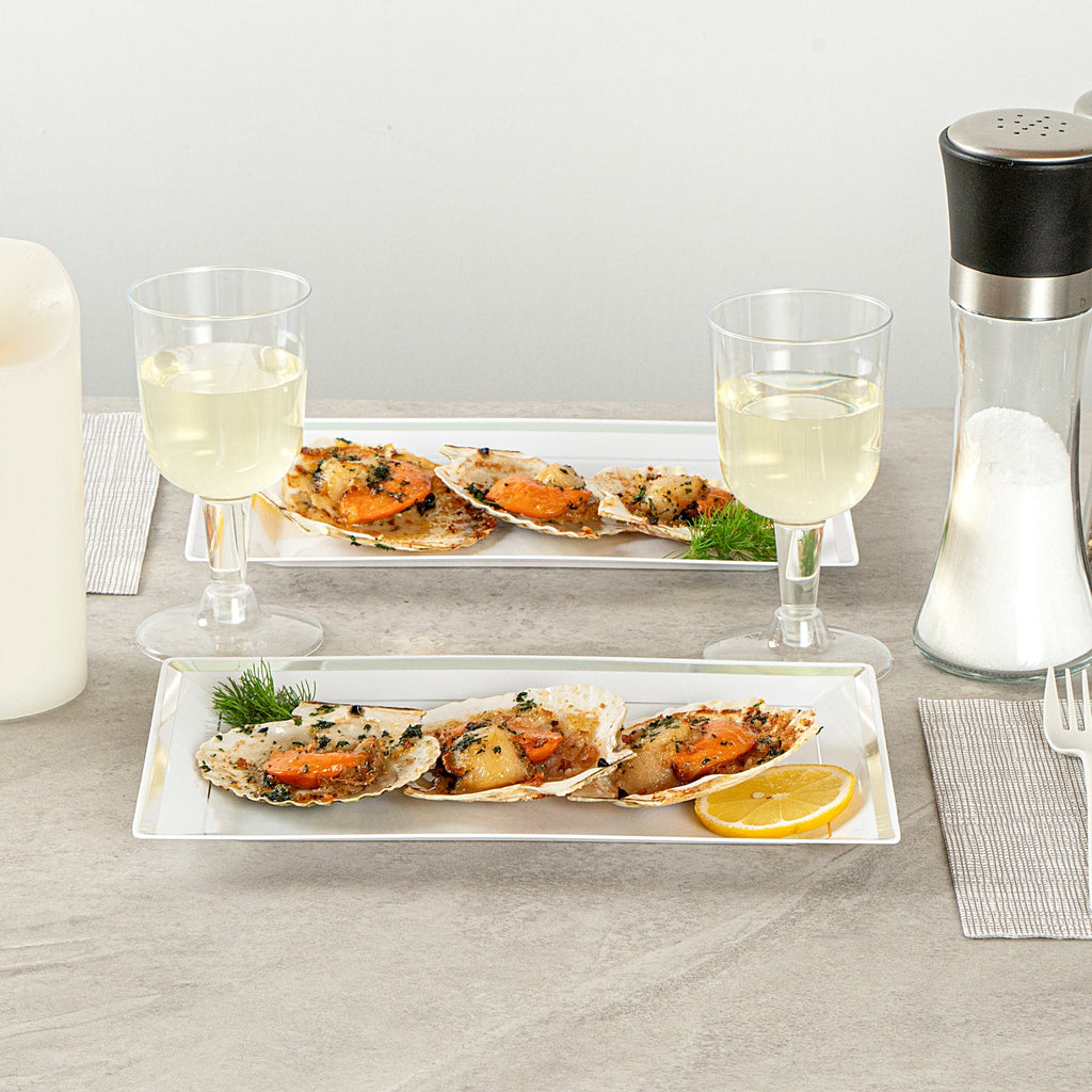 Moderna Rectangle White Plastic Silver-Rimmed Plate - 9 1/2" x 6 1/4" x 1/2" - 100 count box