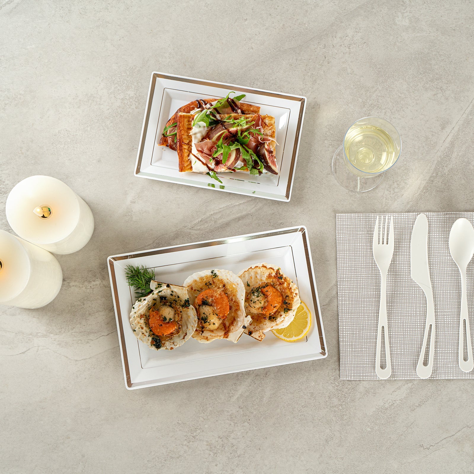 Moderna Rectangle White Plastic Silver-Rimmed Plate - 9 1/2" x 6 1/4" x 1/2" - 100 count box