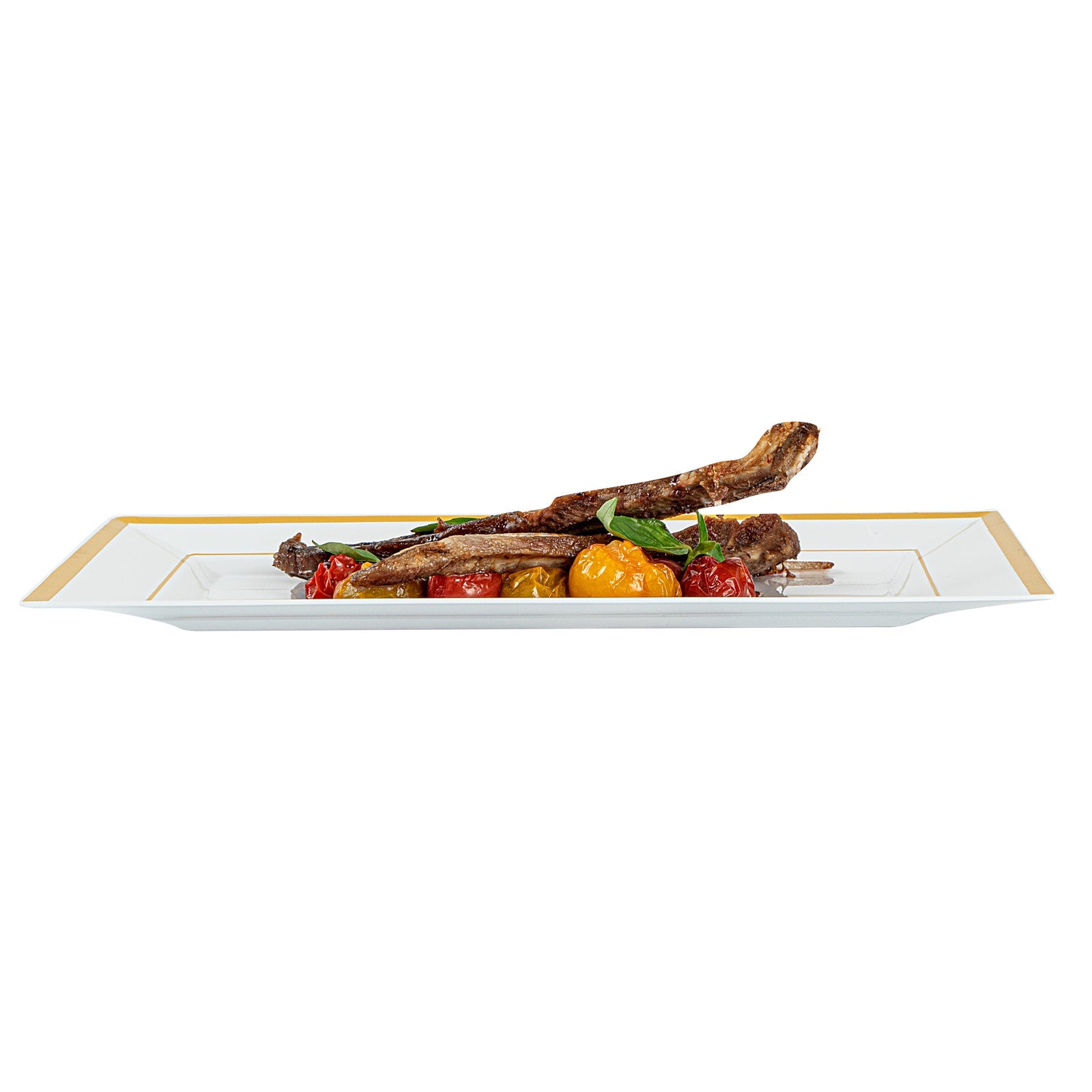 Moderna Rectangle White Plastic Gold-Rimmed Plate - 11 1/2" x 7 1/4" x 3/4" - 10 count box