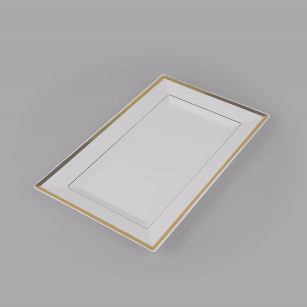 Moderna Rectangle White Plastic Gold-Rimmed Plate - 11 1/2" x 7 1/4" x 3/4" - 10 count box