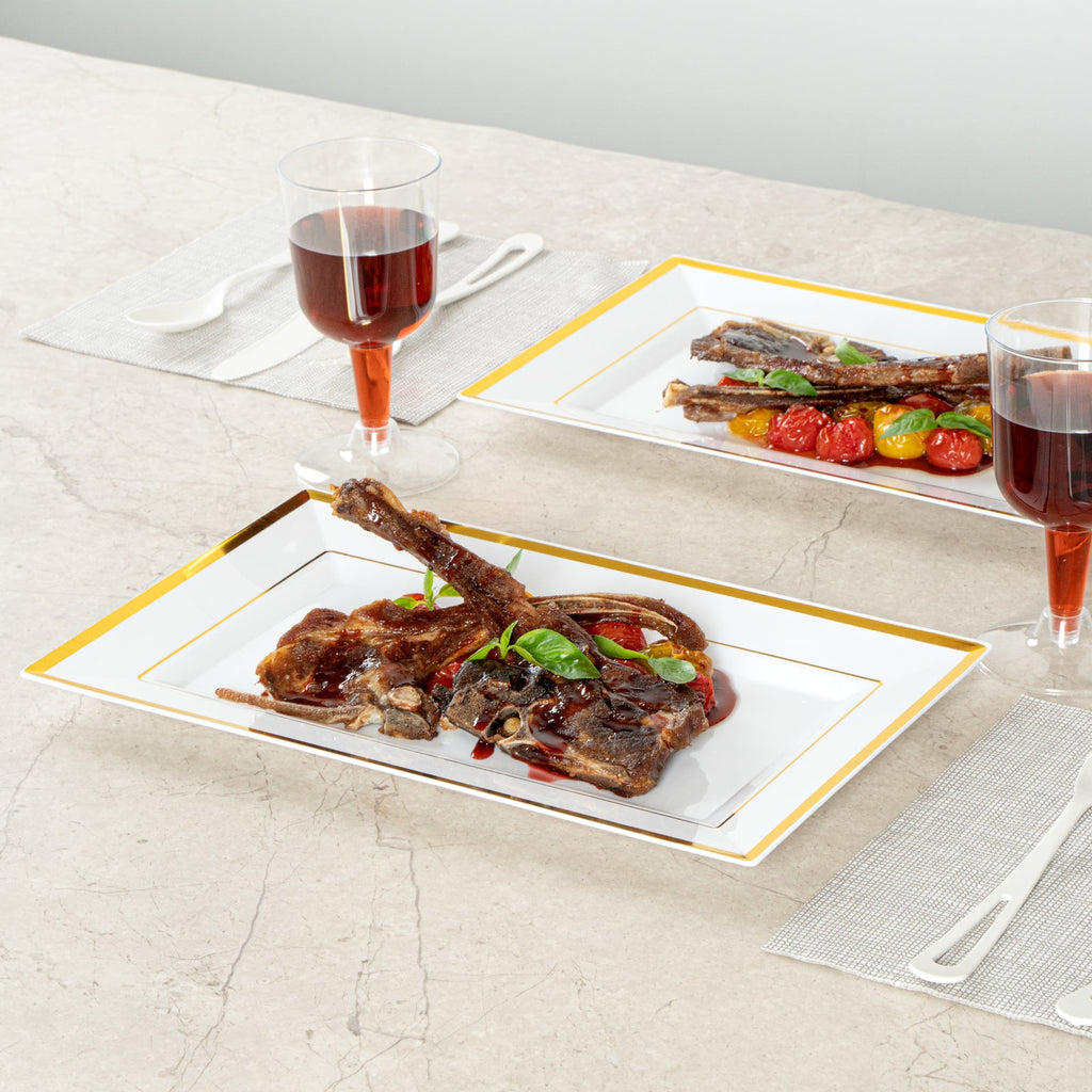 Moderna Rectangle White Plastic Gold-Rimmed Plate - 11 1/2" x 7 1/4" x 3/4" - 10 count box