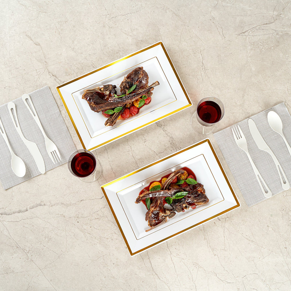 Moderna Rectangle White Plastic Gold-Rimmed Plate - 11 1/2" x 7 1/4" x 3/4" - 10 count box