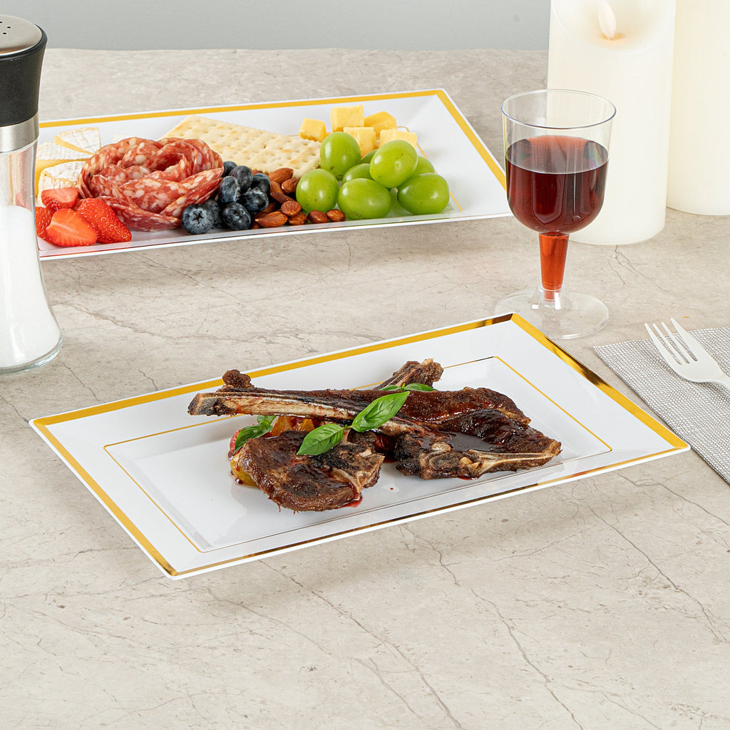 Moderna Rectangle White Plastic Gold-Rimmed Plate - 11 1/2" x 7 1/4" x 3/4" - 100 count box
