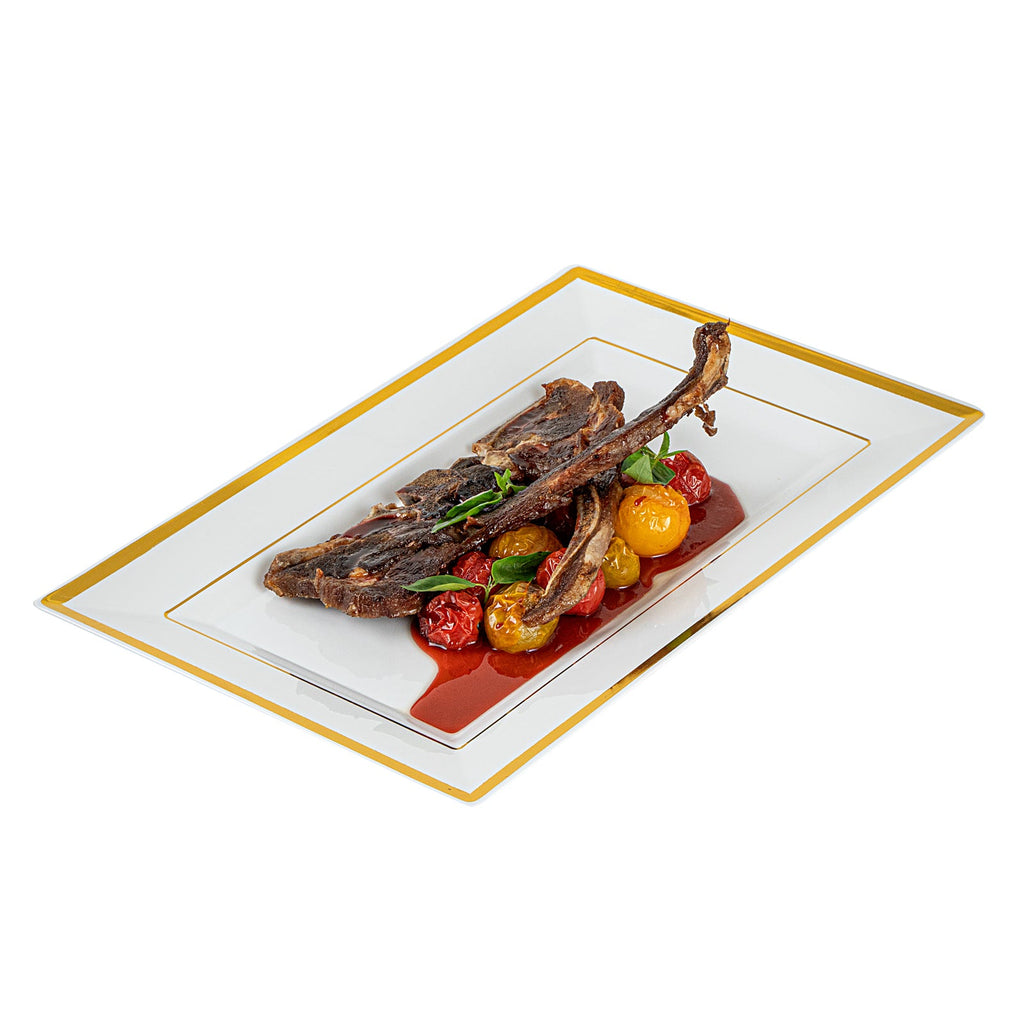 Moderna Rectangle White Plastic Gold-Rimmed Plate - 11 1/2" x 7 1/4" x 3/4" - 100 count box