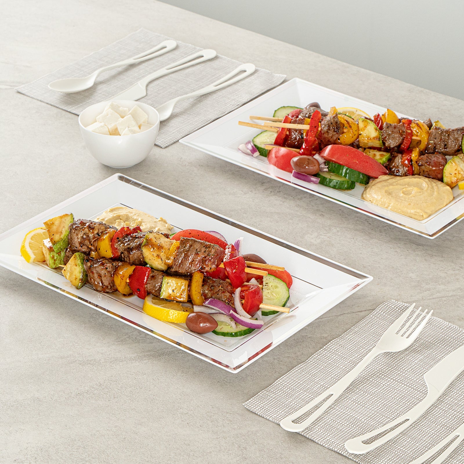 Moderna Rectangle White Plastic Silver-Rimmed Plate - 11 1/2" x 7 1/4" x 3/4" - 10 count box