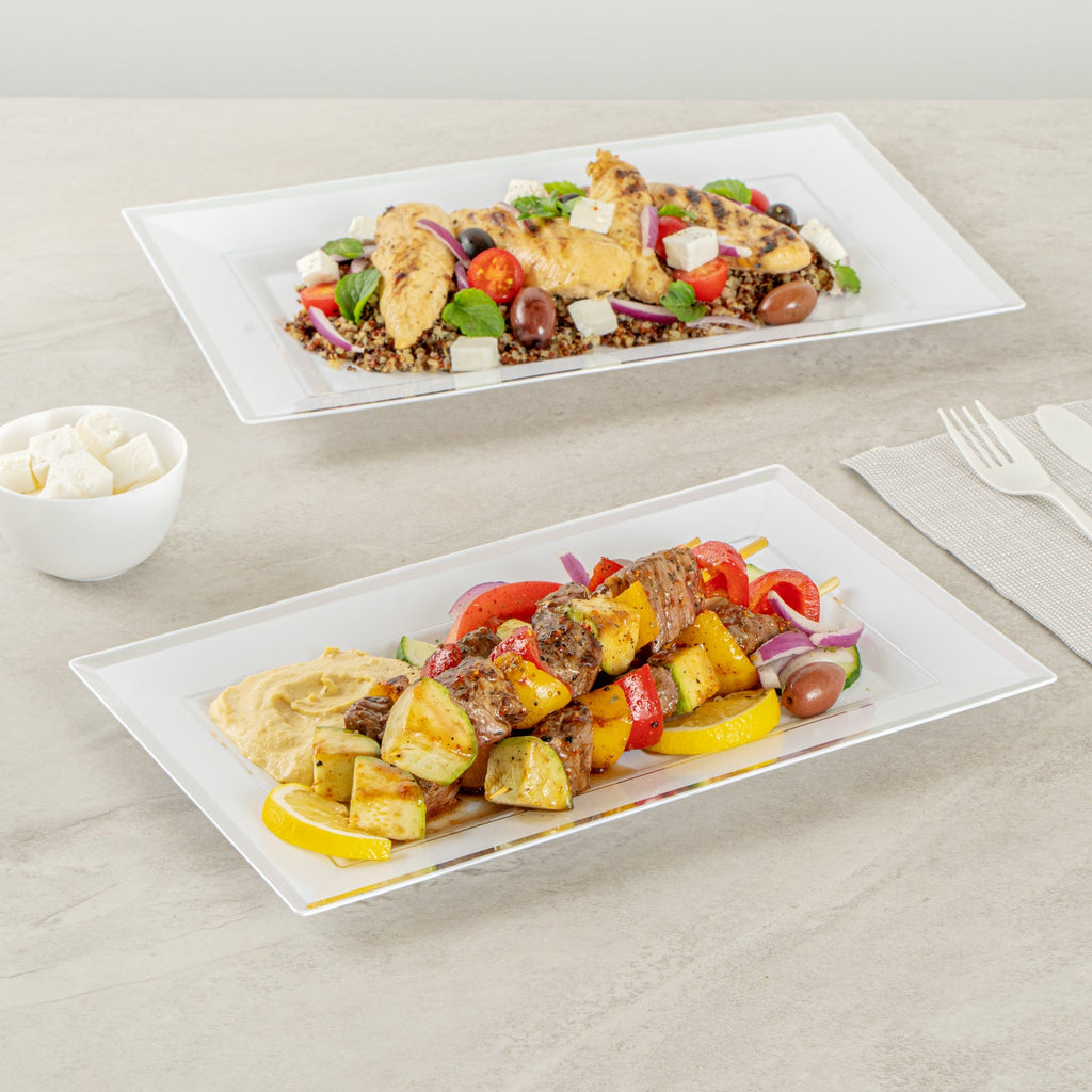 Moderna Rectangle White Plastic Silver-Rimmed Plate - 11 1/2" x 7 1/4" x 3/4" - 10 count box