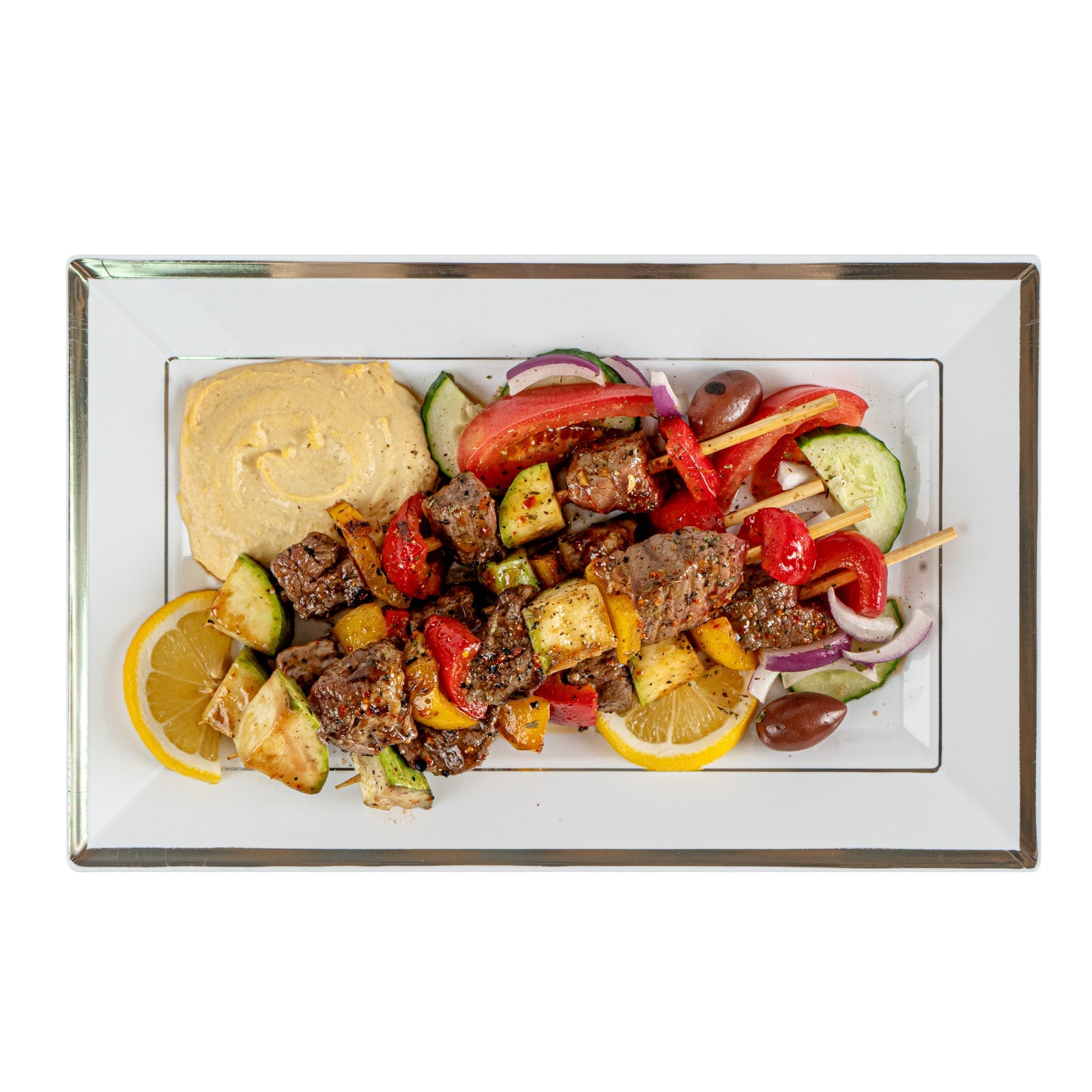 Moderna Rectangle White Plastic Silver-Rimmed Plate - 11 1/2" x 7 1/4" x 3/4" - 100 count box