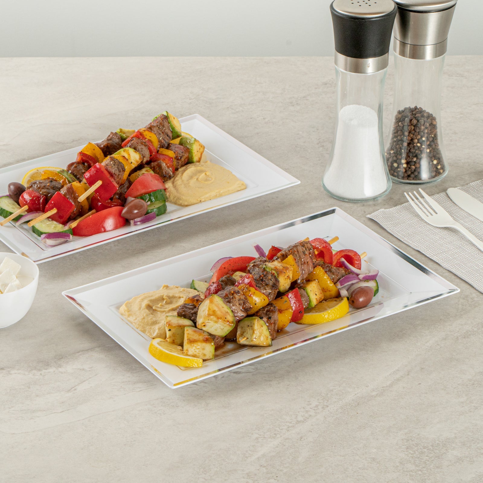 Moderna Rectangle White Plastic Silver-Rimmed Plate - 11 1/2" x 7 1/4" x 3/4" - 100 count box