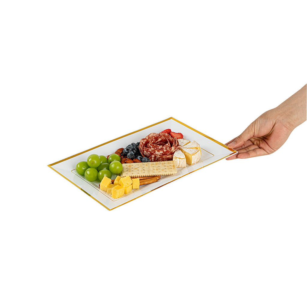 Moderna Rectangle White Plastic Gold-Rimmed Plate - 12 3/4" x 8 1/4" x 3/4" - 10 count box