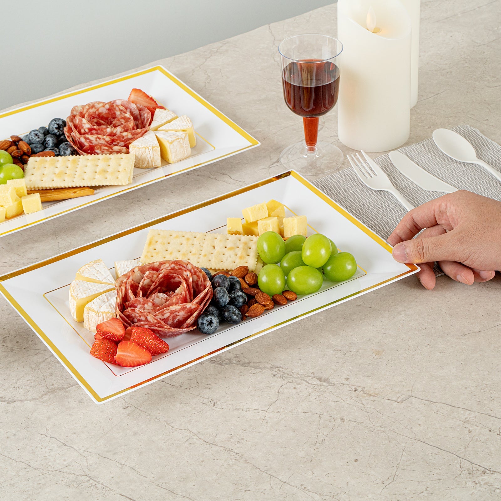 Moderna Rectangle White Plastic Gold-Rimmed Plate - 12 3/4" x 8 1/4" x 3/4" - 10 count box