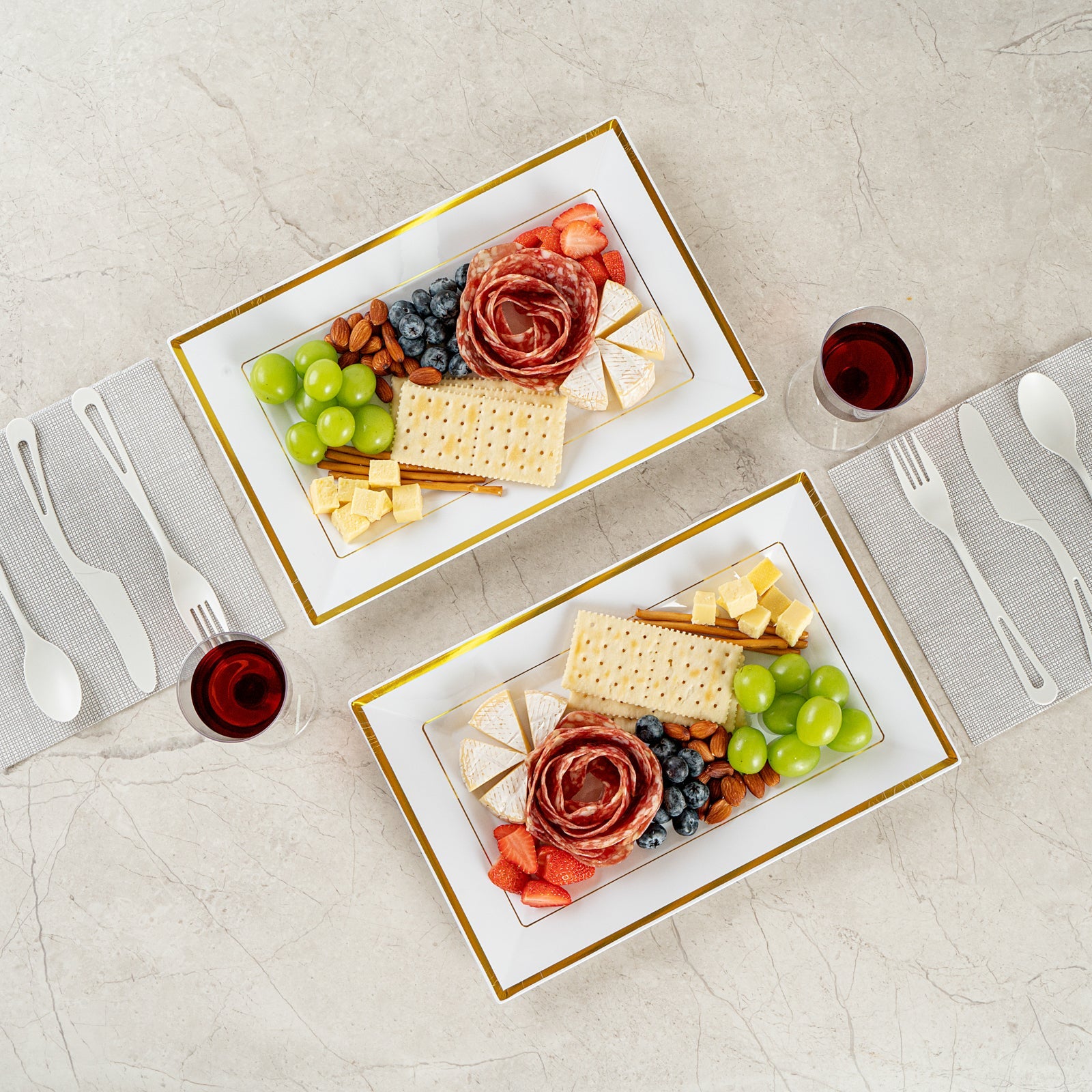 Moderna Rectangle White Plastic Gold-Rimmed Plate - 12 3/4" x 8 1/4" x 3/4" - 10 count box