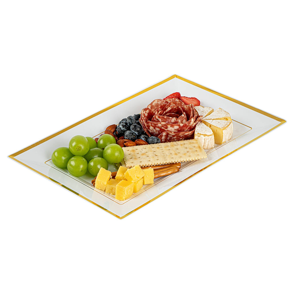 Moderna Rectangle White Plastic Gold-Rimmed Plate - 12 3/4" x 8 1/4" x 3/4" - 100 count box