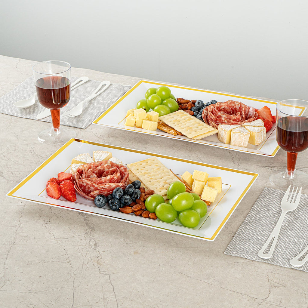 Moderna Rectangle White Plastic Gold-Rimmed Plate - 12 3/4" x 8 1/4" x 3/4" - 100 count box