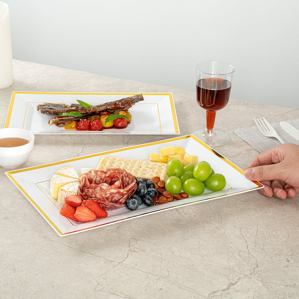 Moderna Rectangle White Plastic Gold-Rimmed Plate - 12 3/4" x 8 1/4" x 3/4" - 100 count box