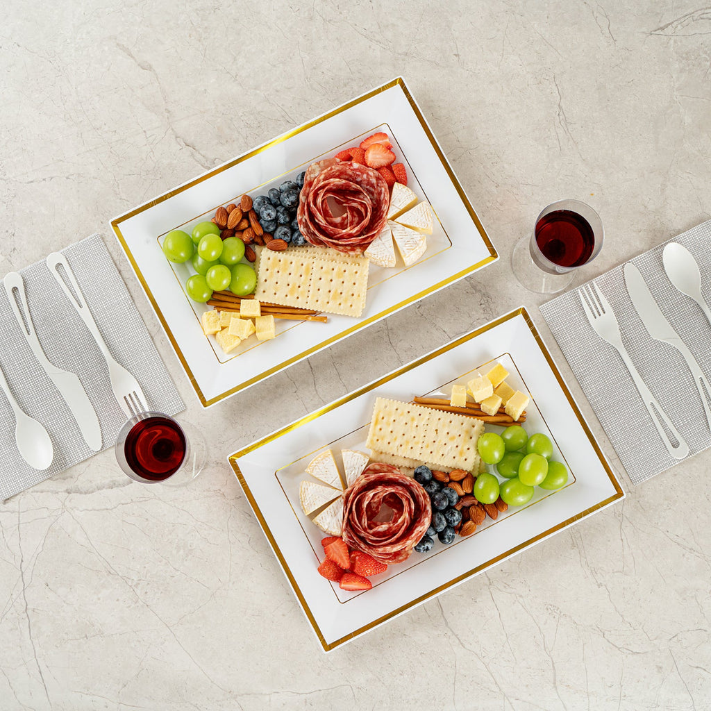 Moderna Rectangle White Plastic Gold-Rimmed Plate - 12 3/4" x 8 1/4" x 3/4" - 100 count box
