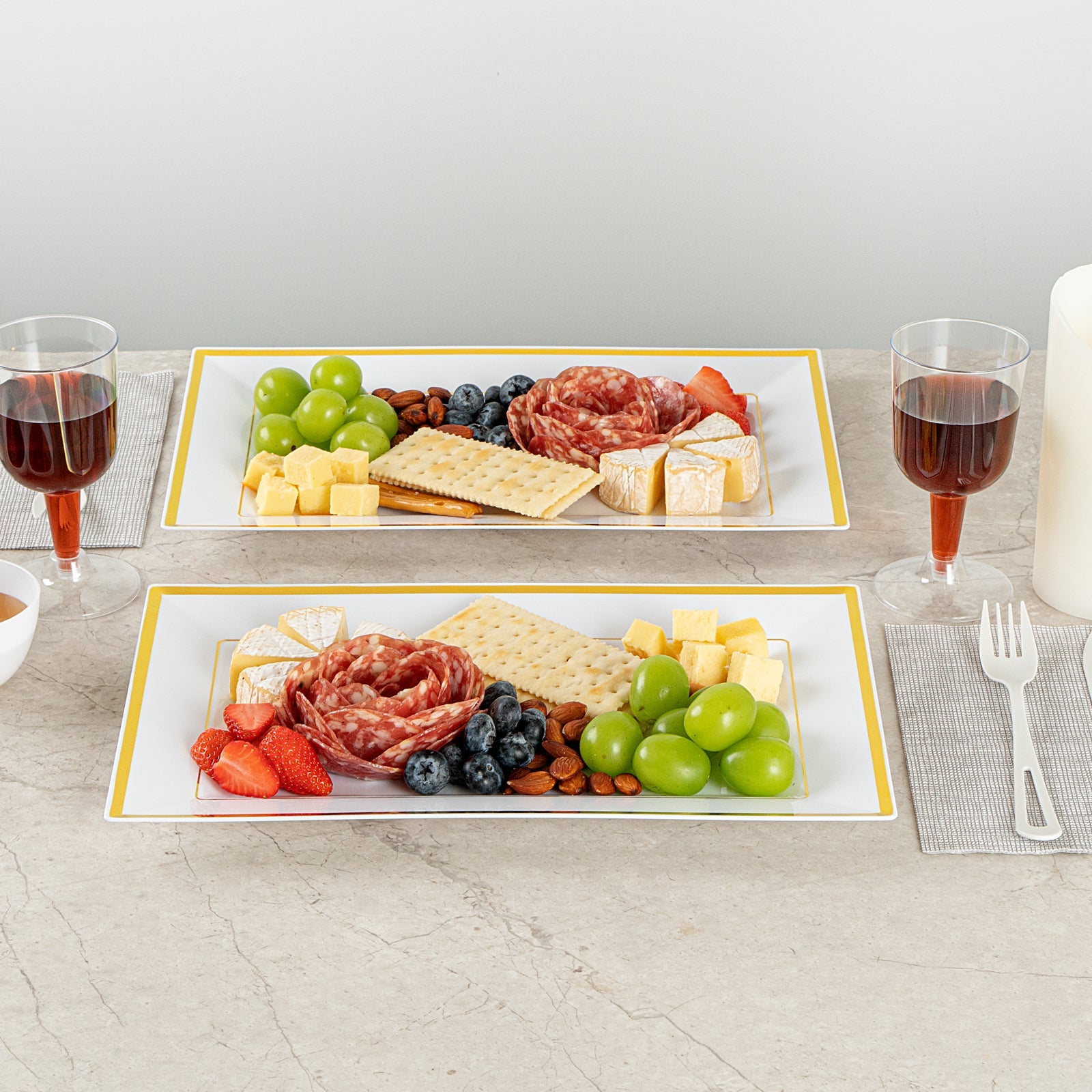 Moderna Rectangle White Plastic Gold-Rimmed Plate - 12 3/4" x 8 1/4" x 3/4" - 100 count box