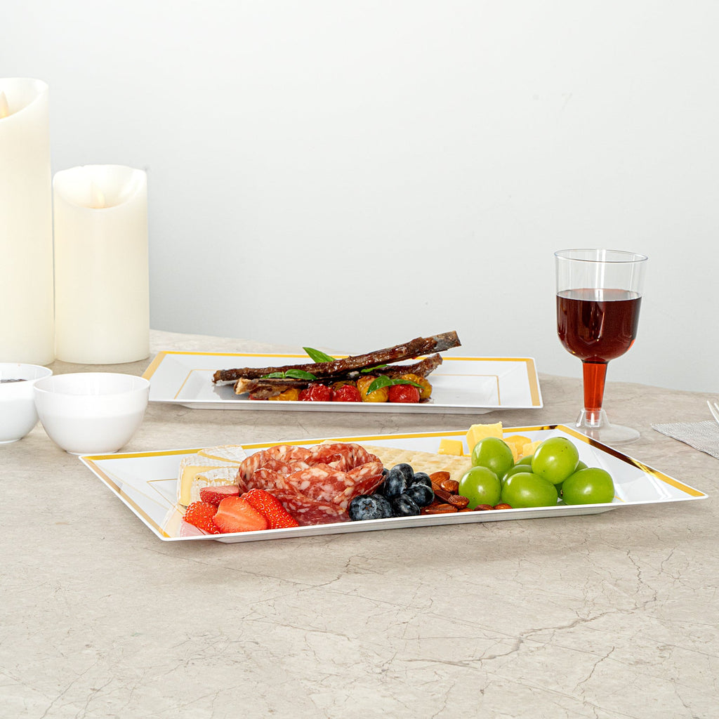 Moderna Rectangle White Plastic Gold-Rimmed Plate - 12 3/4" x 8 1/4" x 3/4" - 100 count box