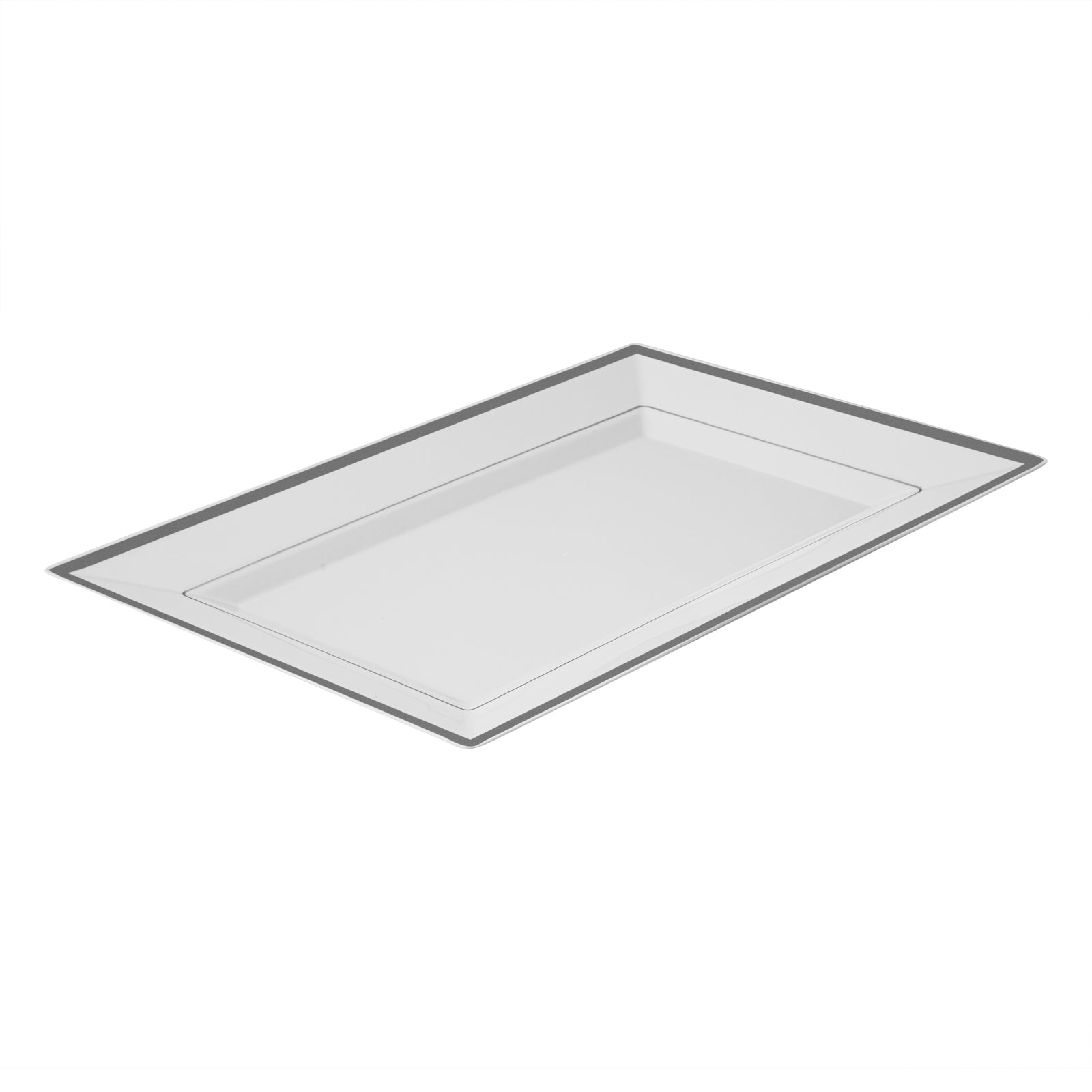 Moderna Rectangle White Plastic Silver-Rimmed Plate - 12 3/4" x 8 1/4" x 3/4" - 10 count box
