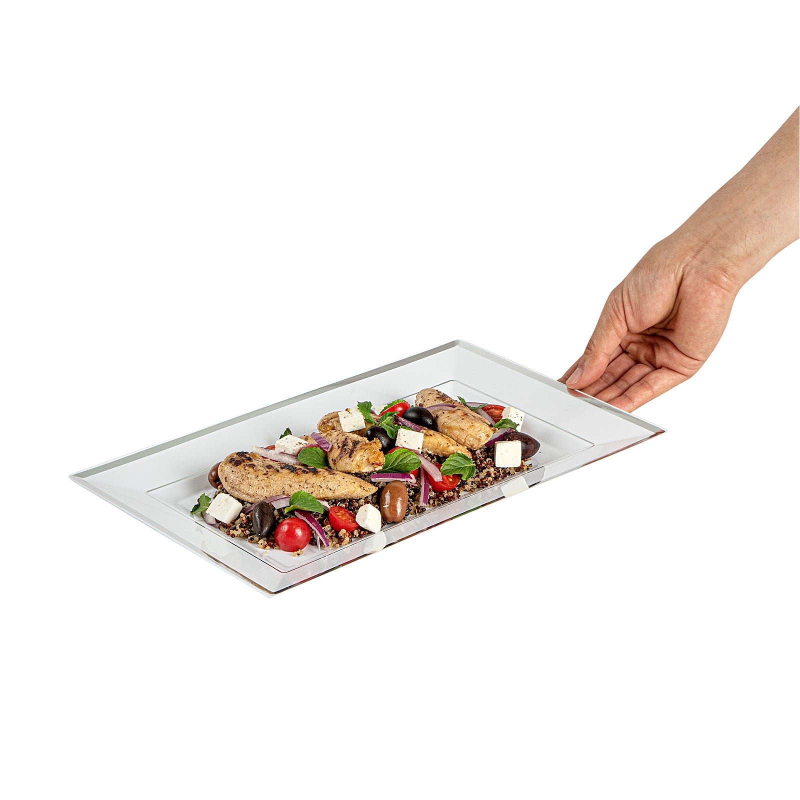 Moderna Rectangle White Plastic Silver-Rimmed Plate - 12 3/4" x 8 1/4" x 3/4" - 10 count box