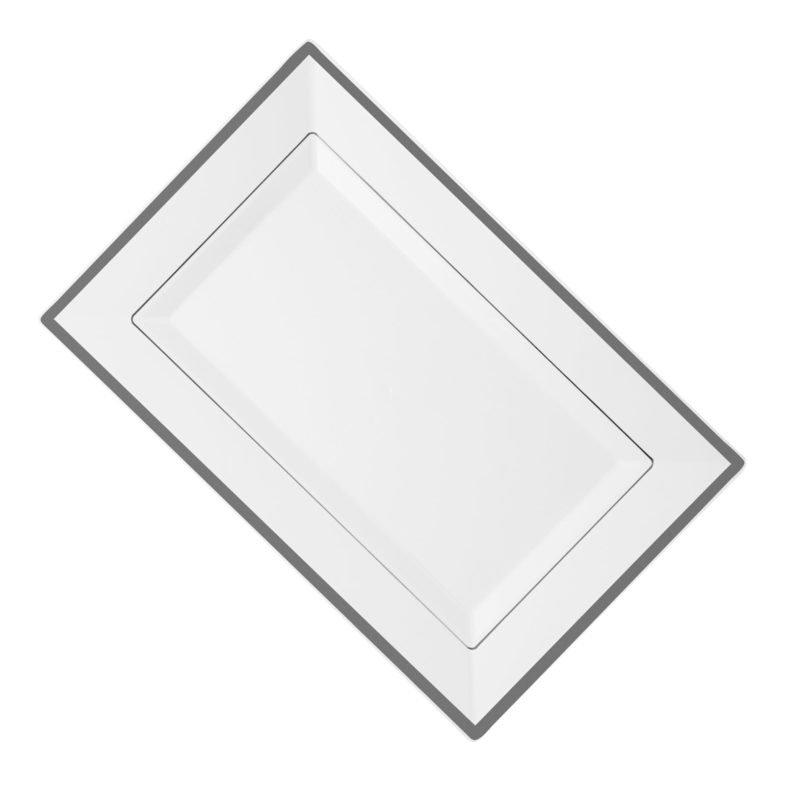 Moderna Rectangle White Plastic Silver-Rimmed Plate - 12 3/4" x 8 1/4" x 3/4" - 100 count box