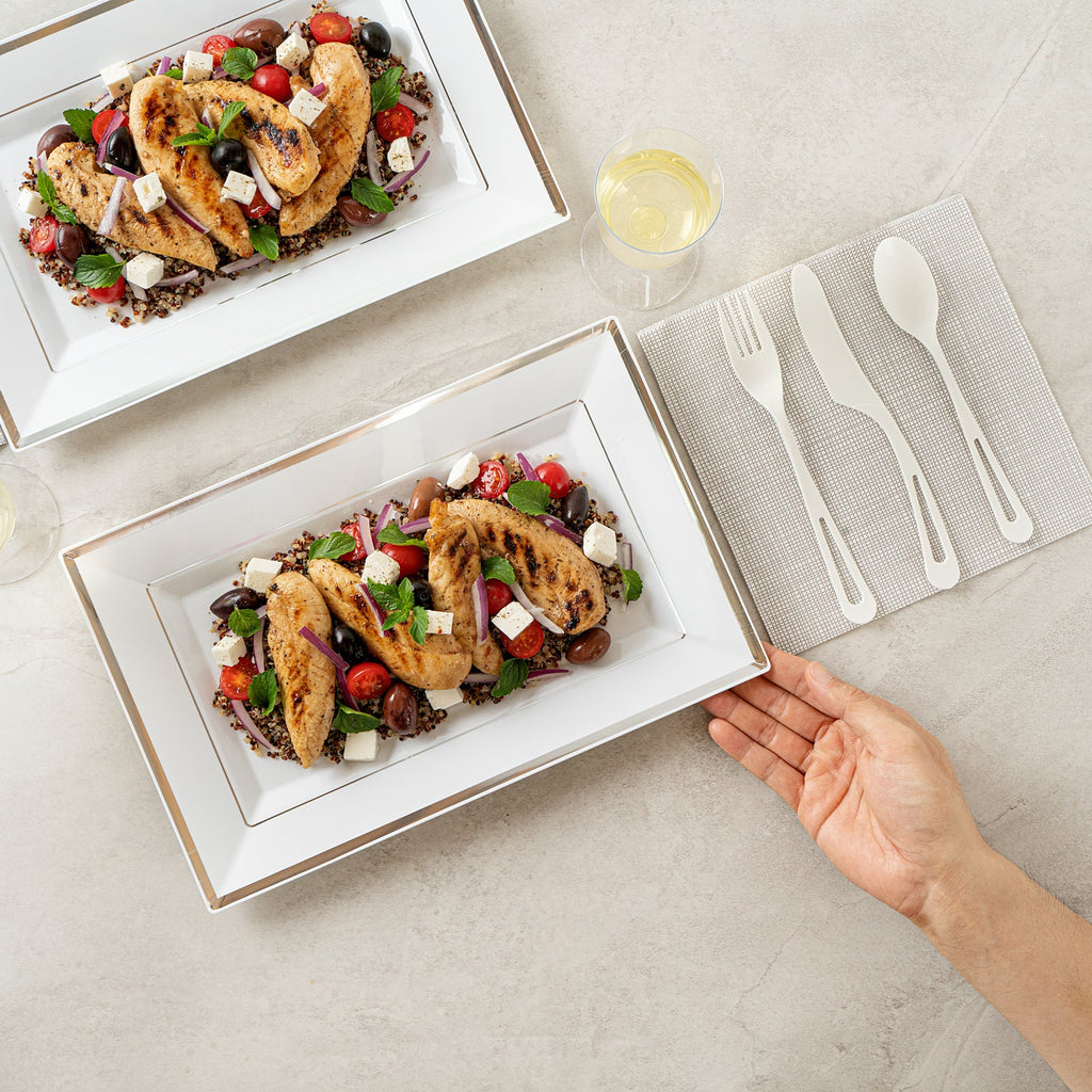 Moderna Rectangle White Plastic Silver-Rimmed Plate - 12 3/4" x 8 1/4" x 3/4" - 100 count box