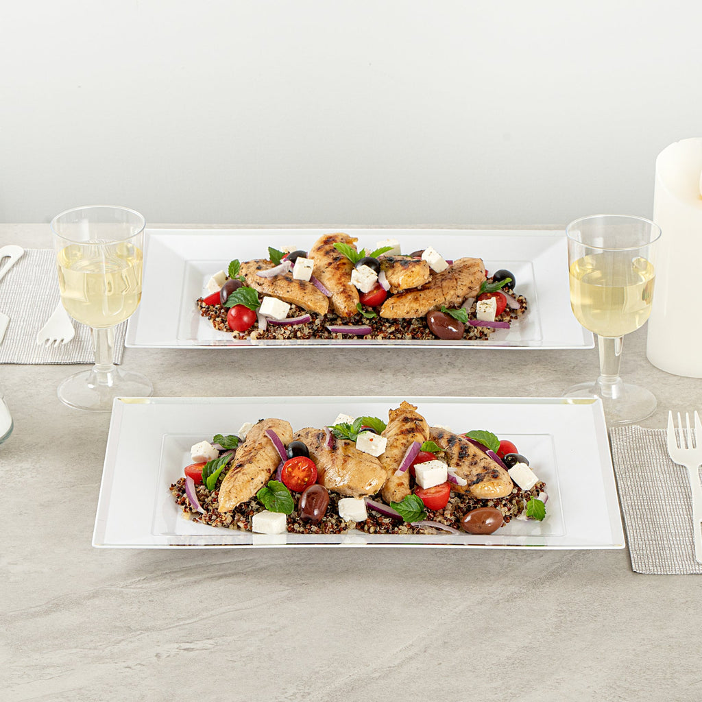 Moderna Rectangle White Plastic Silver-Rimmed Plate - 12 3/4" x 8 1/4" x 3/4" - 100 count box