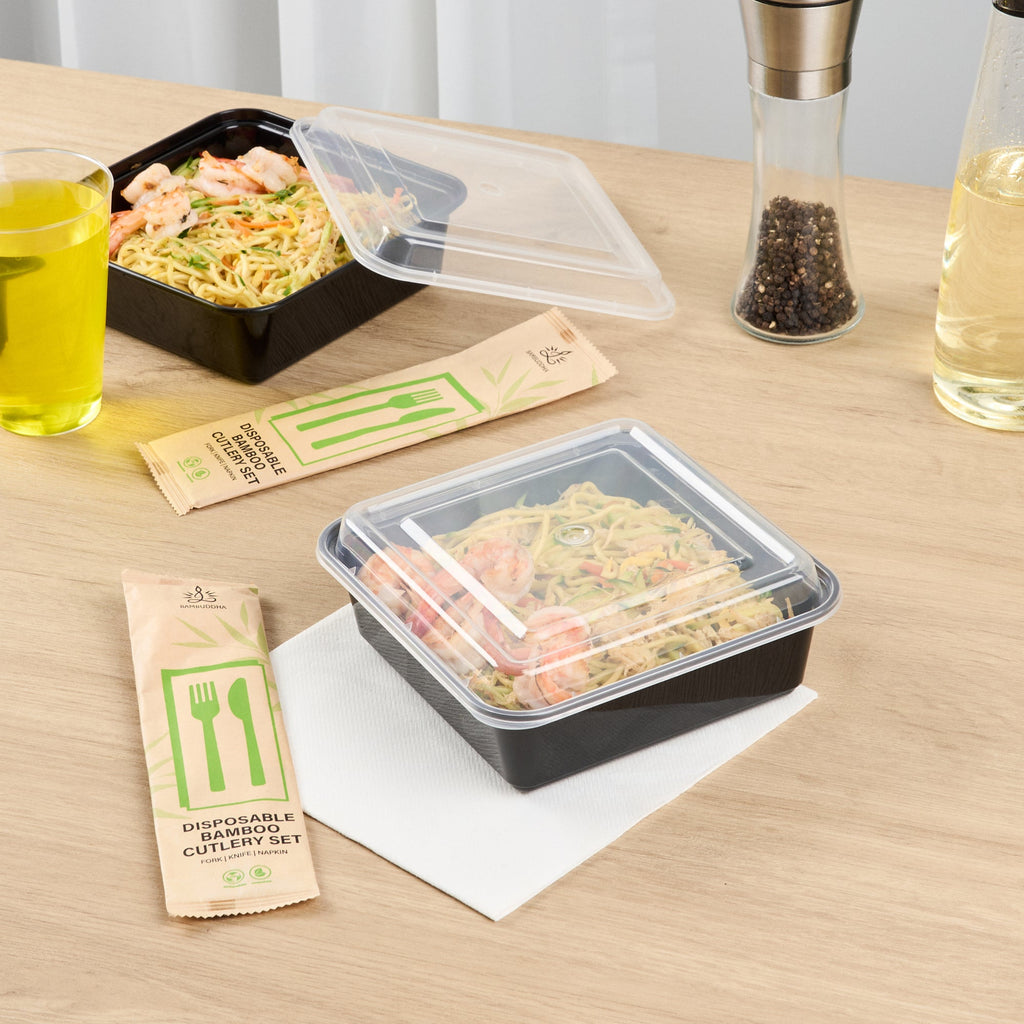 Thermo Tek 32 oz Square Black Plastic Take Out Container - with Lid - 7" x 7" x 2 1/2" - 100 count box