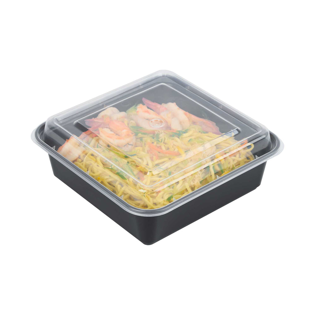 Thermo Tek 32 oz Square Black Plastic Take Out Container - with Lid - 7" x 7" x 2 1/2" - 50 count box