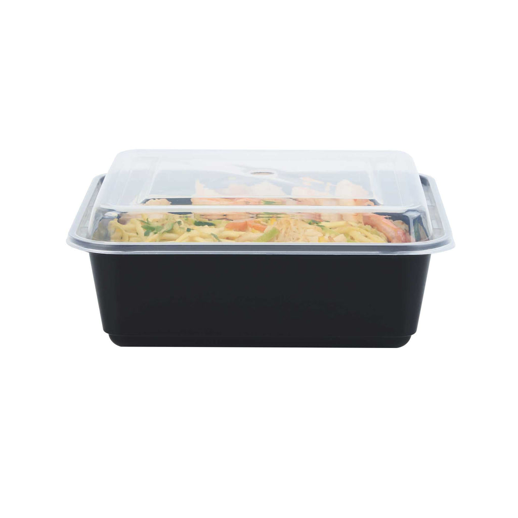 Thermo Tek 32 oz Square Black Plastic Take Out Container - with Lid - 7" x 7" x 2 1/2" - 50 count box