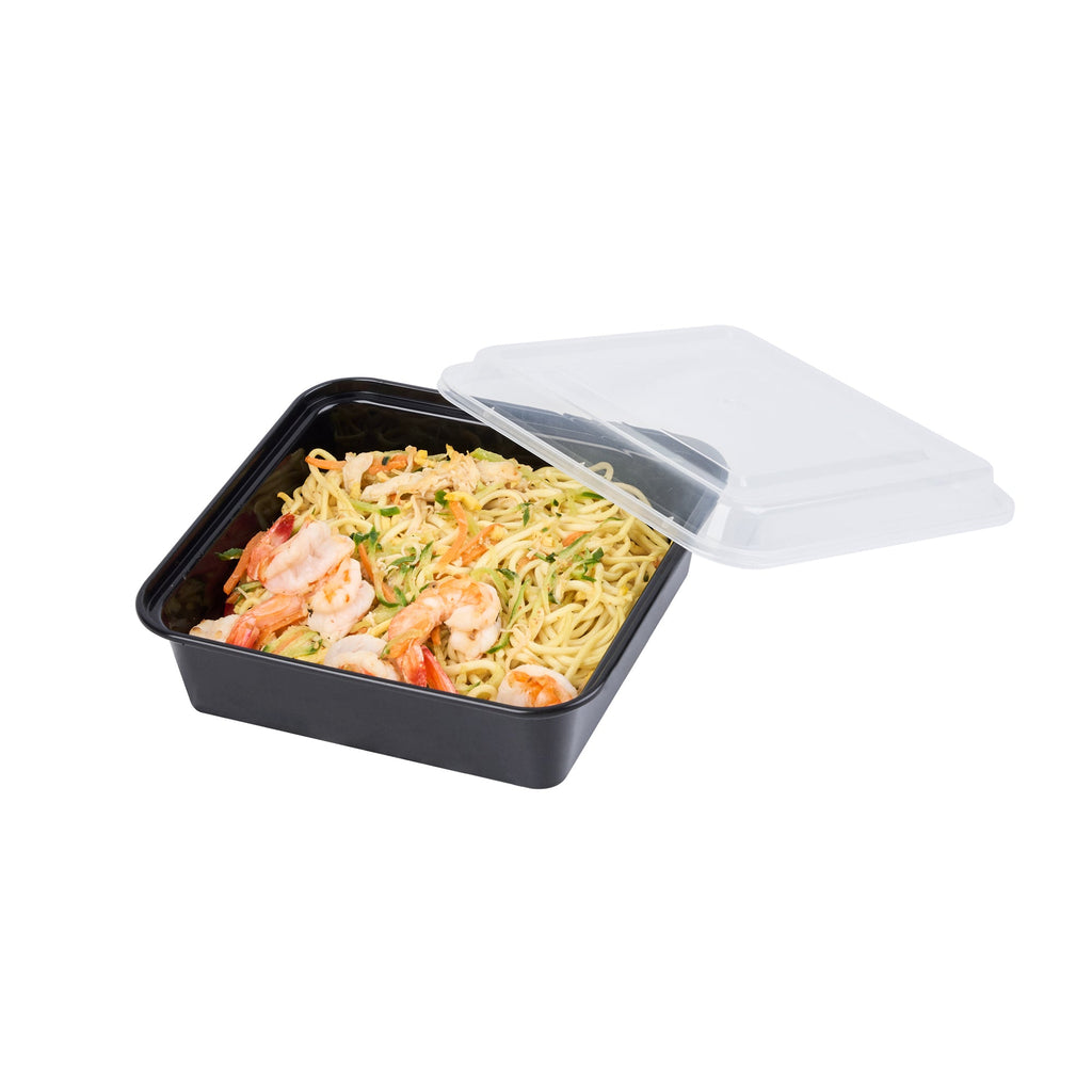 Thermo Tek 32 oz Square Black Plastic Take Out Container - with Lid - 7" x 7" x 2 1/2" - 100 count box